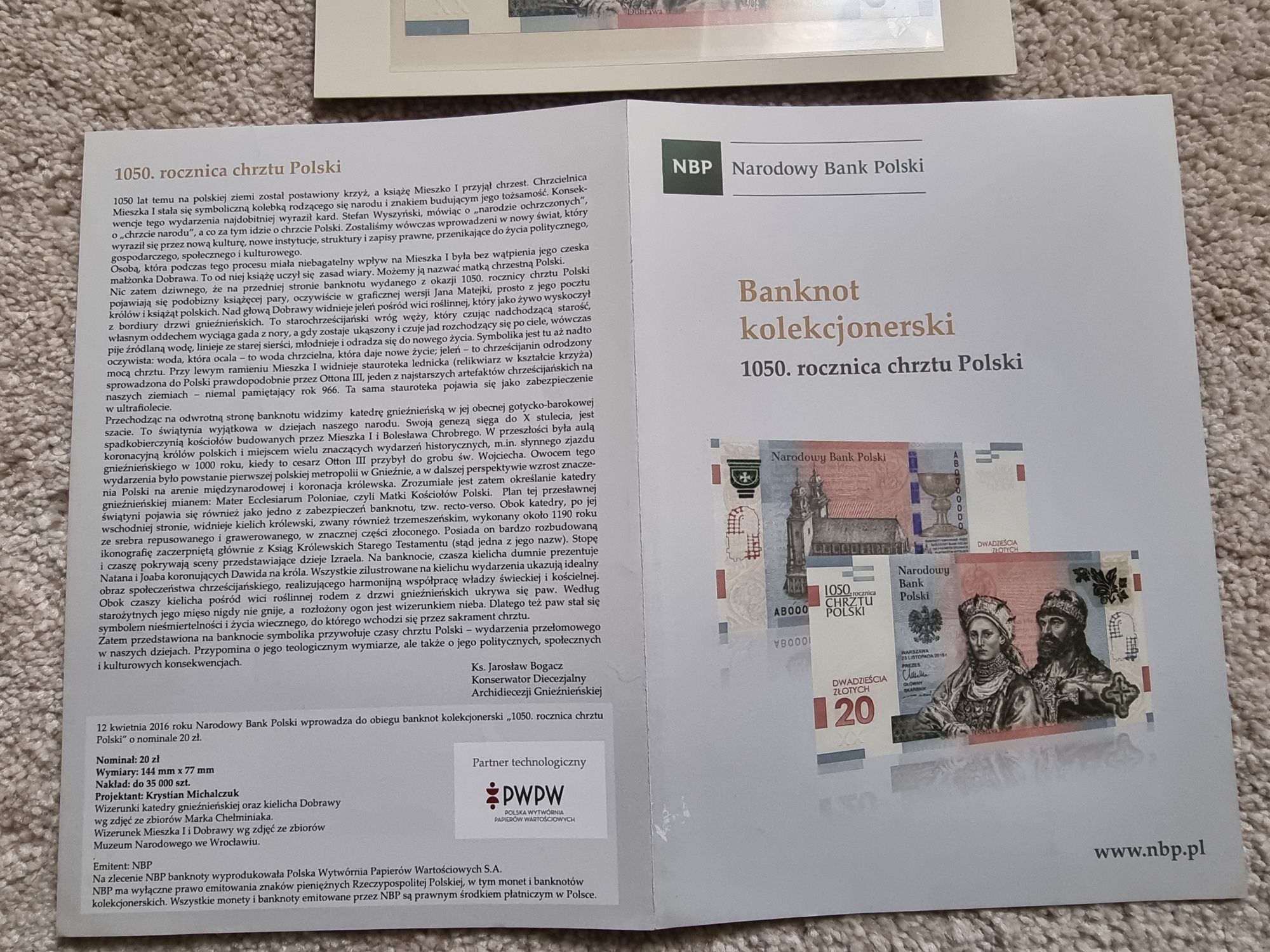 Banknot kolekcjonerski 20 zł Rocznica Chrztu Polski 1050 Nr 1285