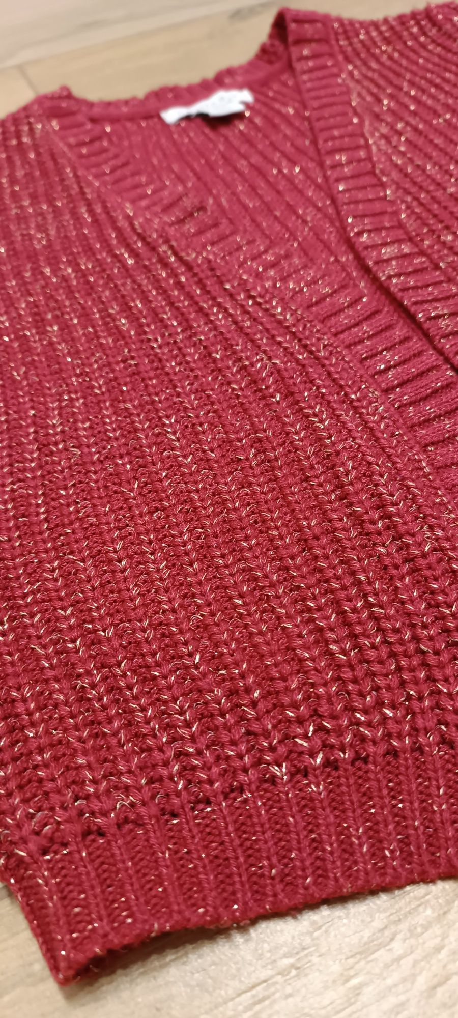 Primark 98 sweter czerwony na sukienka kardigan bordo złota nitka