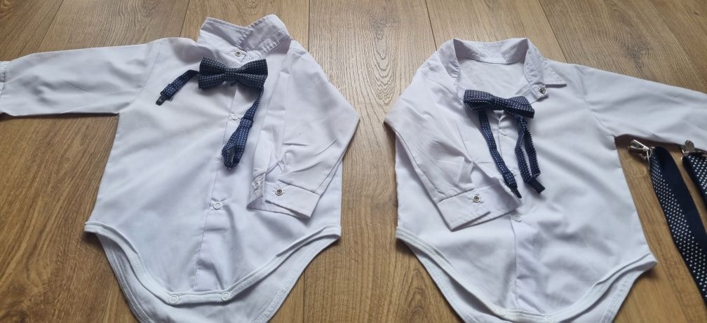 Komplety eleganckie rozm 86 koszula spodnie mucha szelki sweterki