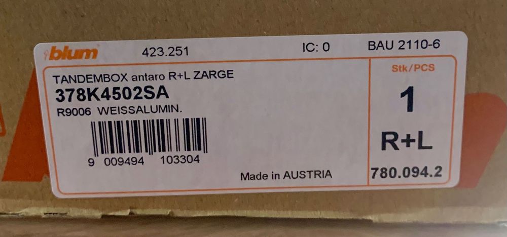 BLUM Boka szuflady Tandembox Antaro 450 mm szary