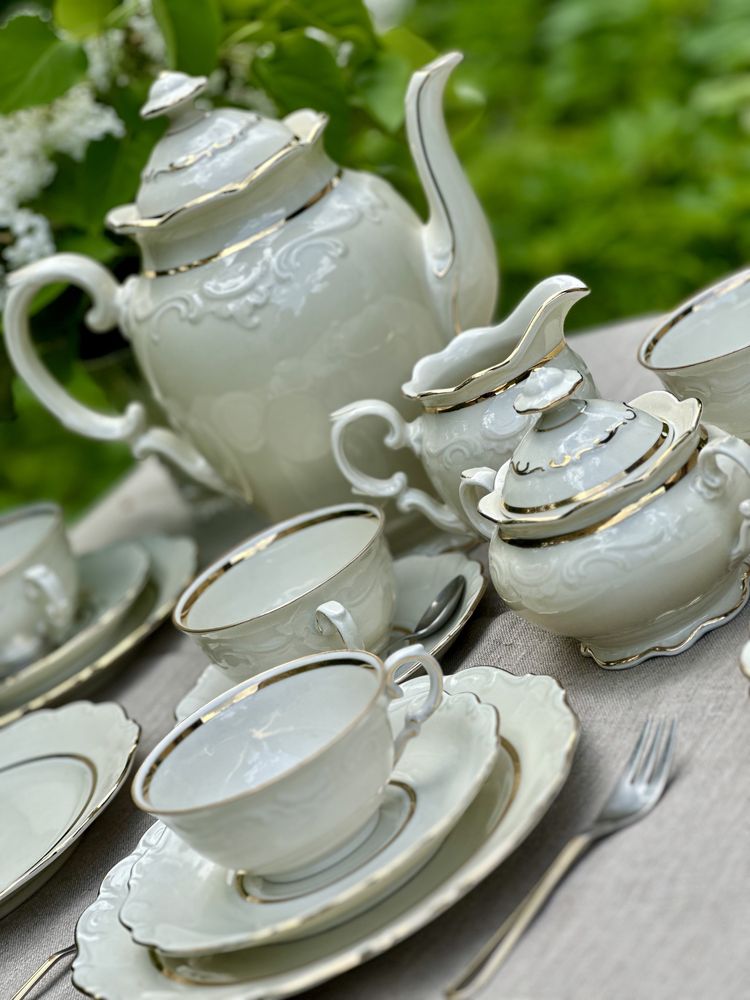 Serwis deserowy kawowy Schumann Bavaria porcelana ecru 11 sztuk