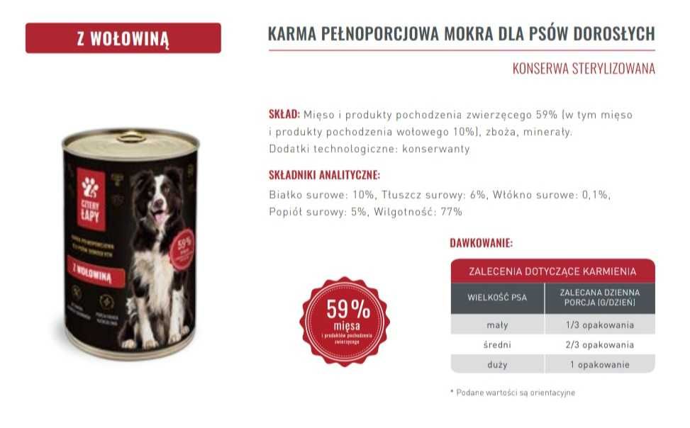 Mokra Karma Cztery Łapy PIES z wołowiną puszka 6x1250 g