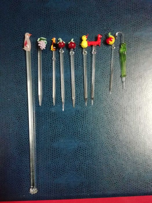 Agitador de cocktails e palitos de aperitivos em vidro antigo x13