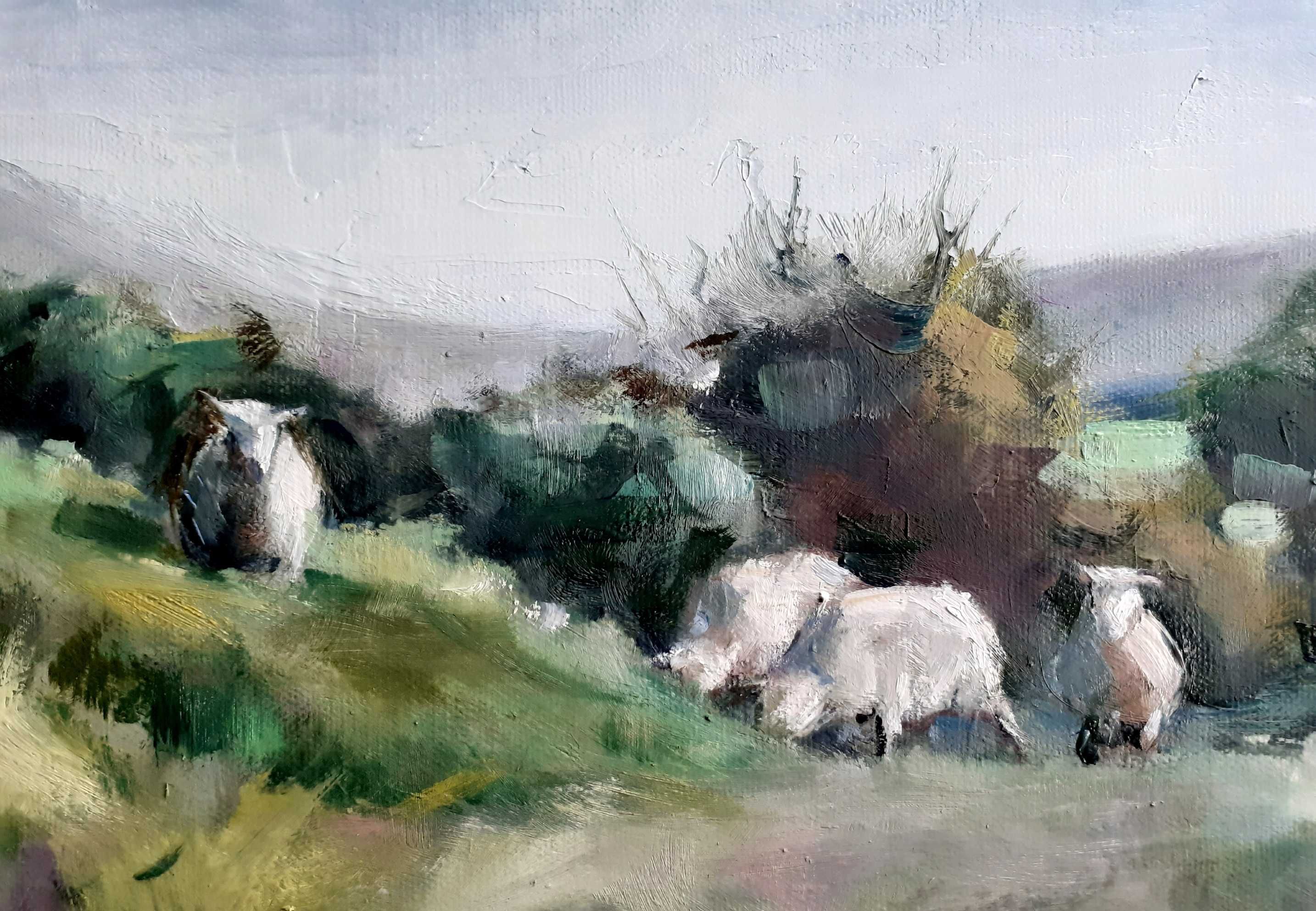 Pejzaż z owcami. Obraz olejny na płótnie 30x60 cm