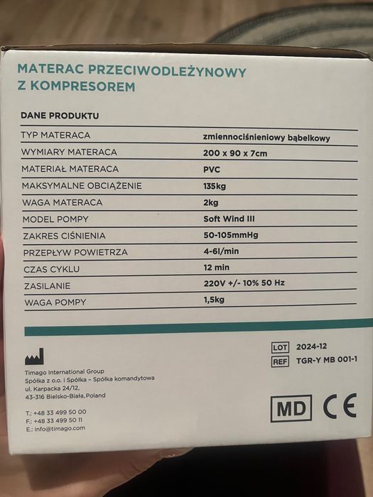 Materac przeciwodleżynowy z kompresorem Timago
