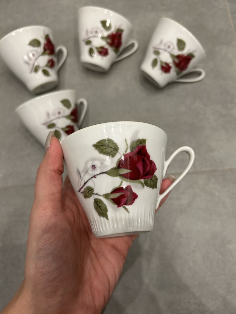 Filiżanki do kawy Włocławek Vintage Porcelana PRL Róża Kwiaty