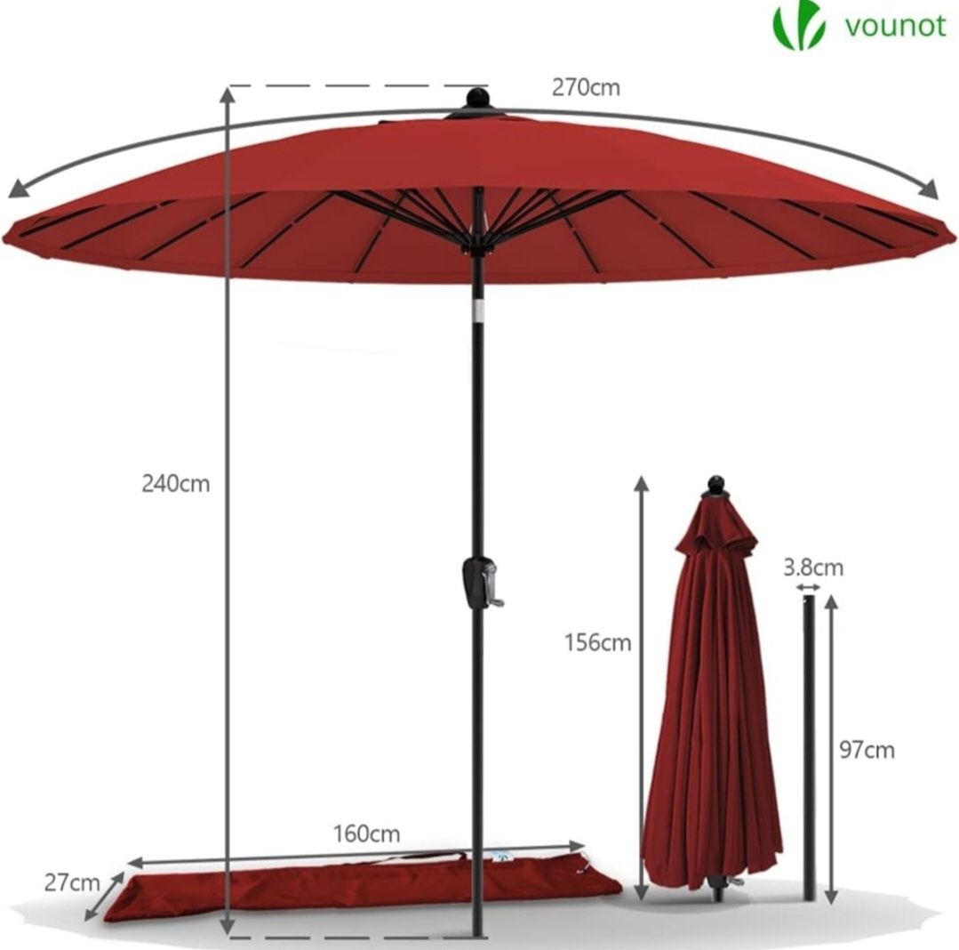 VOUNOT Parasol Ogrodowy Okrągły Osłona przed Słońcem 270cm