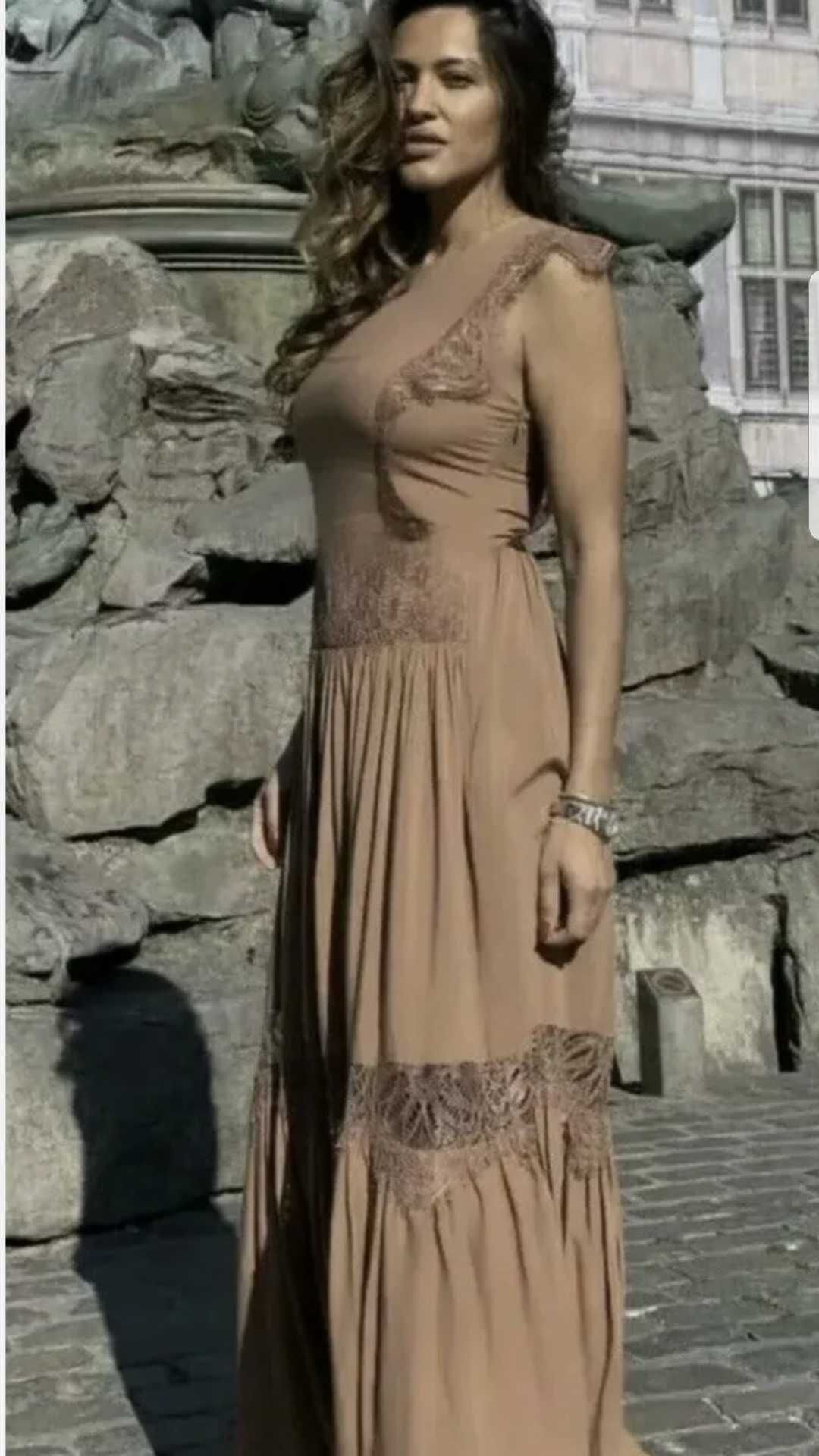 H&M Brazowa sukienka z koronka boho 36 S M wesele