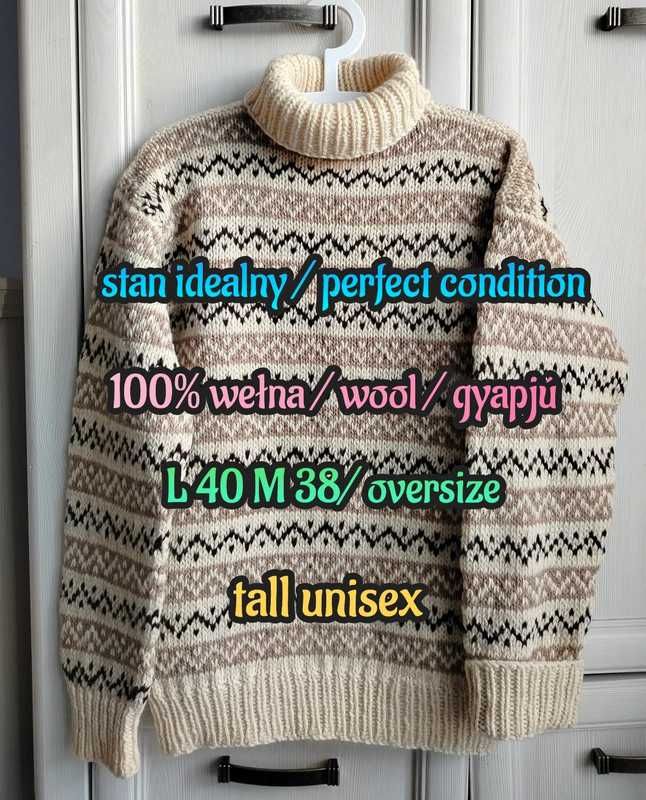 L 40 M 38 oversize tall medium wełniany golf islandzki 100% wełna zima