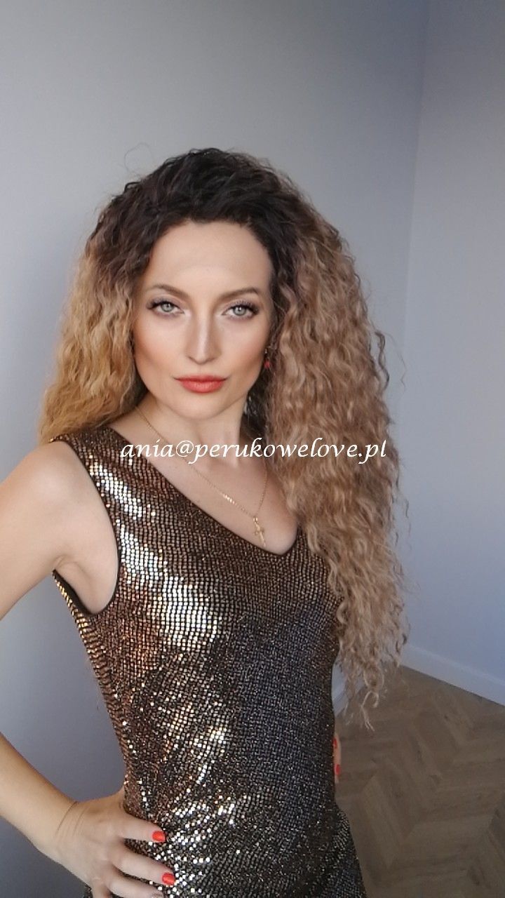 Peruka karmelowy blond lace front z odrostem afro loki kręcone włosy