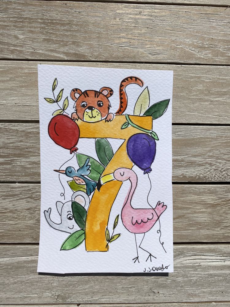 Kartka okolicznościowa urodzinowa 7 lat dżungla balony flaminh tygrys