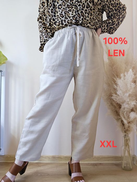 Letnie długie spodnie lniane 100% len beżowe casual boho XXL 42 44