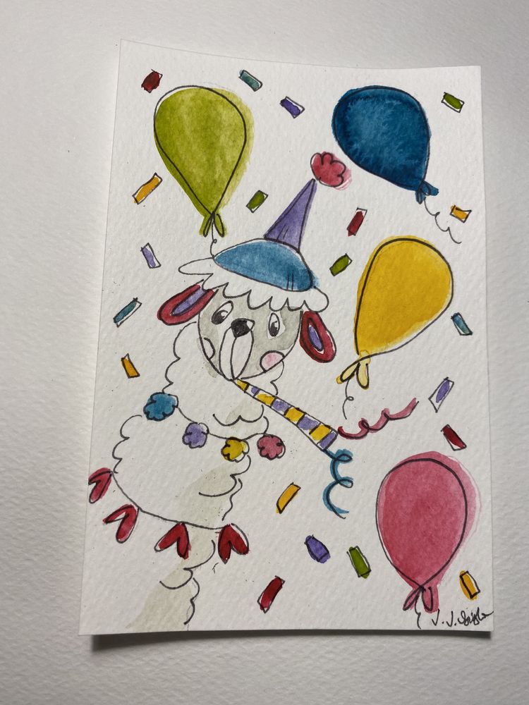Kartka okolicznościowa urodzinowa lama alpaka balony confetti prezent