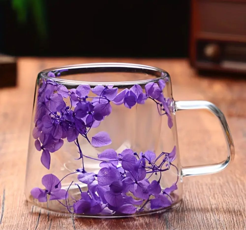 Szklanka kubek kwiaty fioletowe podwójne dno 150 ml