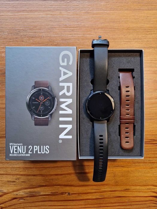 Garmin Venu 2 Plus / czarny + skórzany pasek / gwarancja do 09.2024