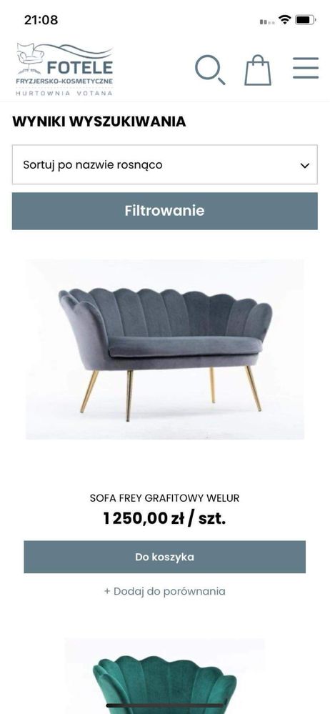 Sofa muszelka fray grafitowy welur , zlote nóżki