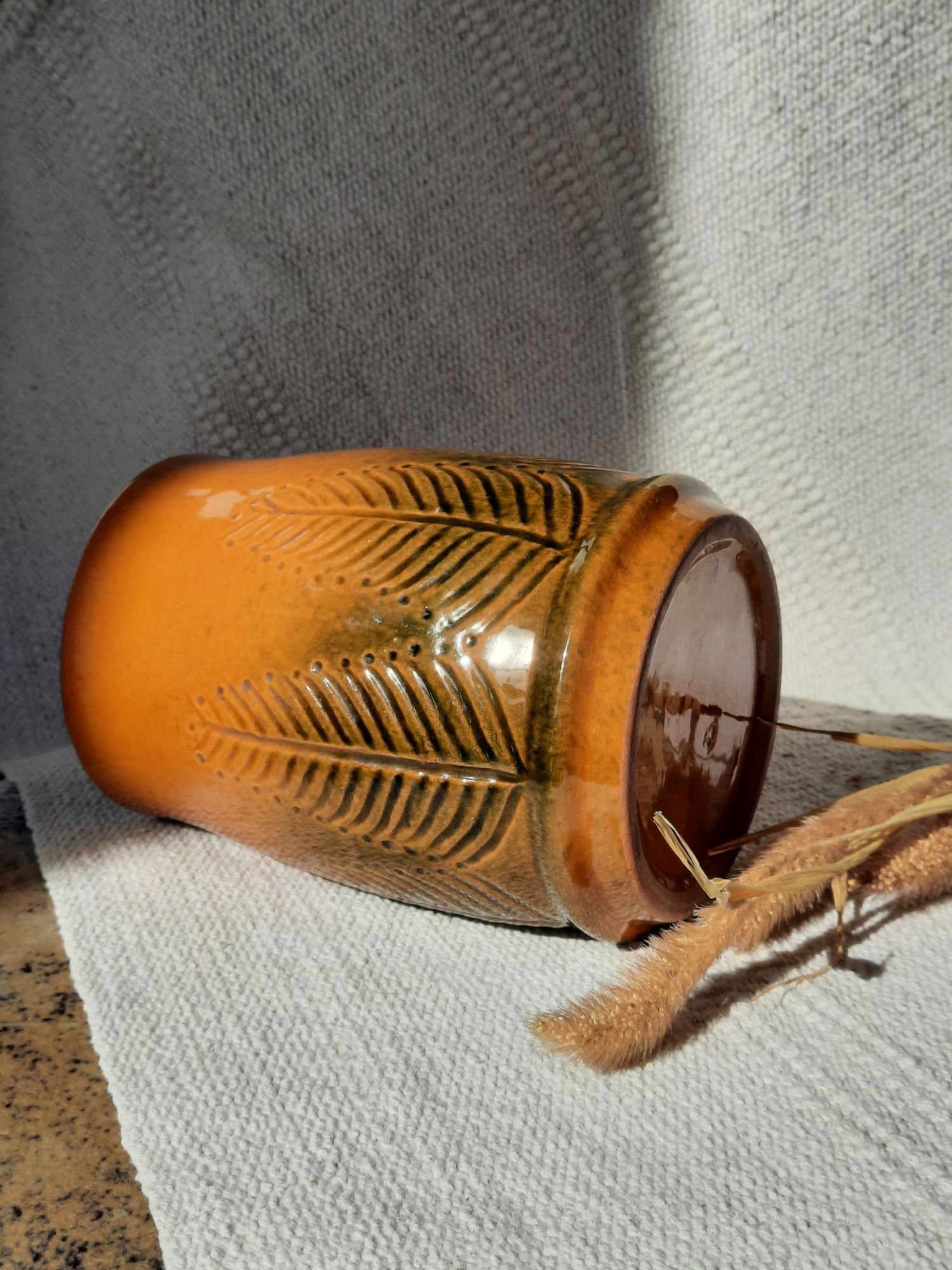 Kufel kubek kamionkowy paproć pomarańczowy vintage retro