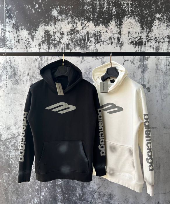 BALENCIAGA мужское худи оверсайз черное белое рванное женское унисекс
