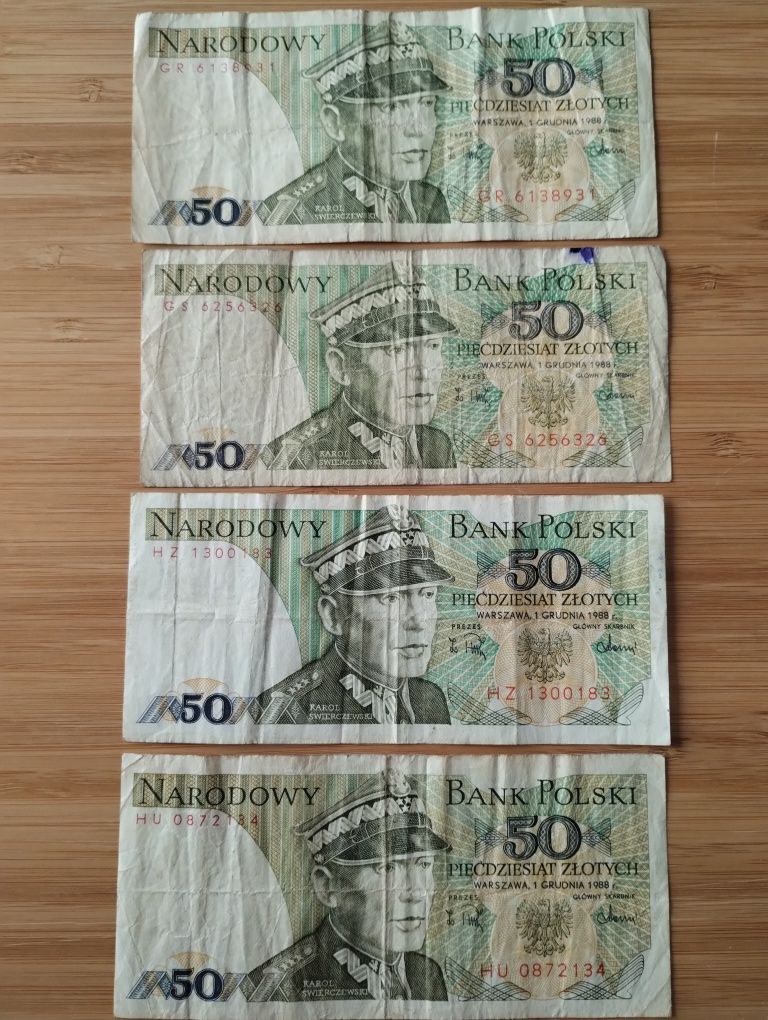 8 banknotów, Polska, PRL, 50 złotych, 1988.