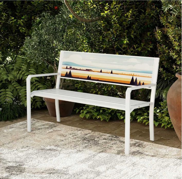 Ławka ogrodowa z grafiką na oparciu Ławka tarasowa biała