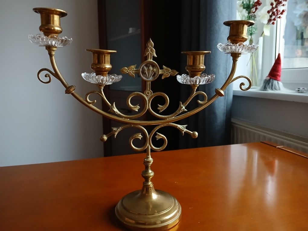 Świecznik Kandelabr czteroramienny mosiężny Vintage r. 28 cm