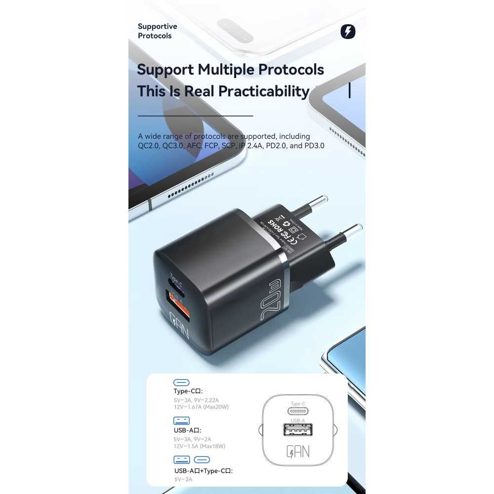 Ładowarka 20W GaN USB-C + A z funkcją szybkiego ładowania QC - Essager