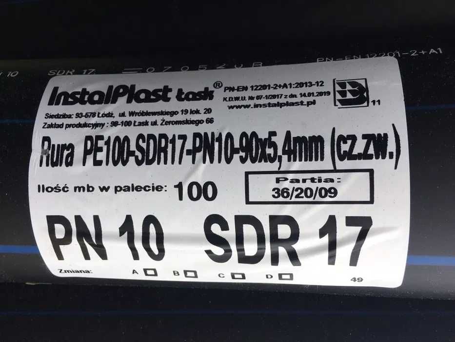 Rura PE 90 x 5,4 PN10 UV / PE100 - SDR17 - PN10 / InstalPlast Łask