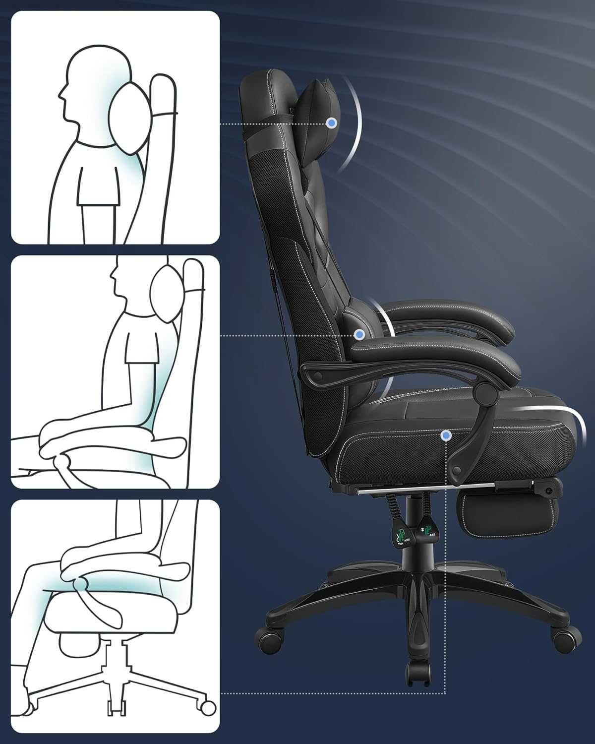 Fotel obrotowy krzesło gamingowe, czarne Songmics 128 x 70 x 70 cm