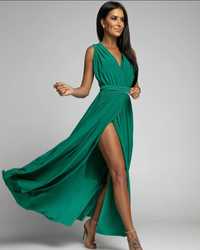 Sukienka zielona 36,38 wiązana długa 40 maxi elastyczna szmaragdowa