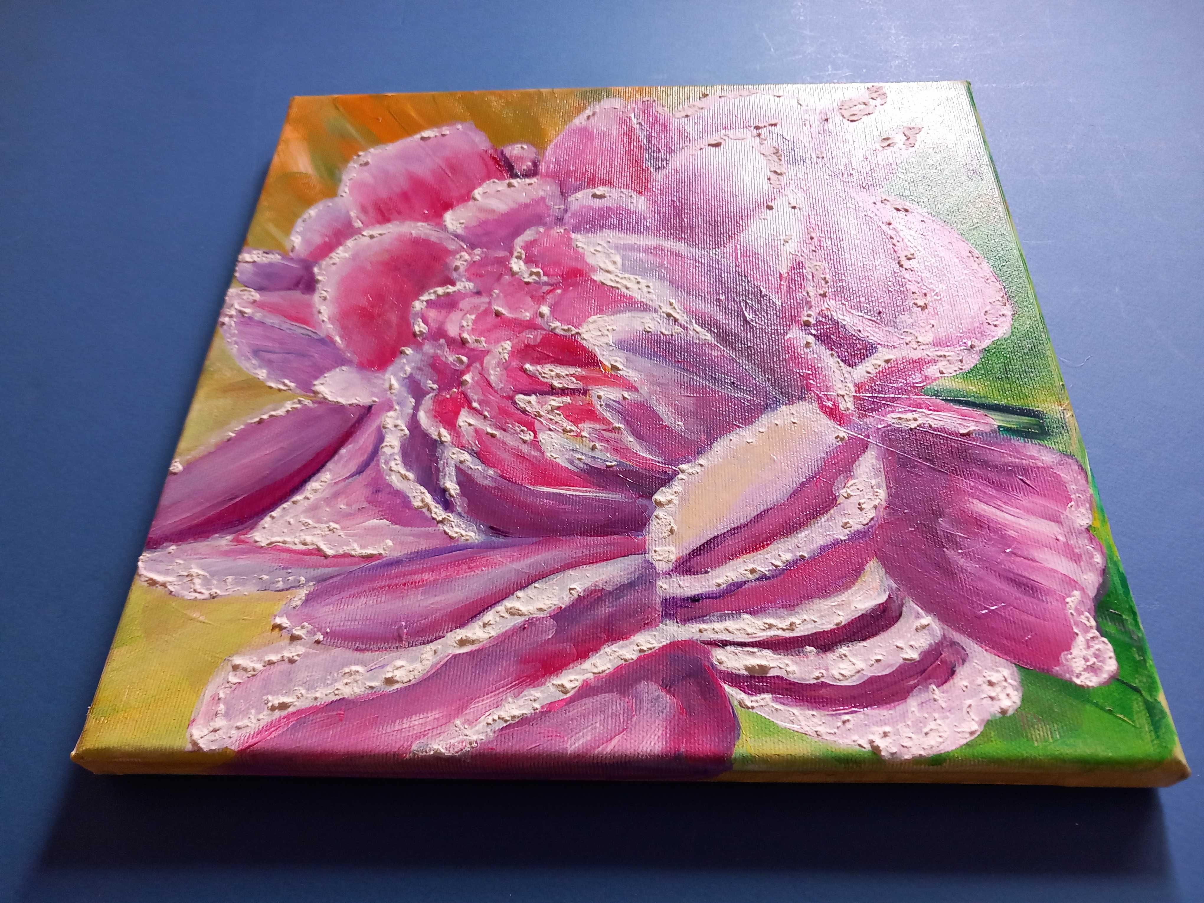 PIWONIA obraz olejny płótno tekstura ręcznie malowany 30x30 cm