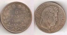 Монета 5 Франков 1839 Франция Сувенир