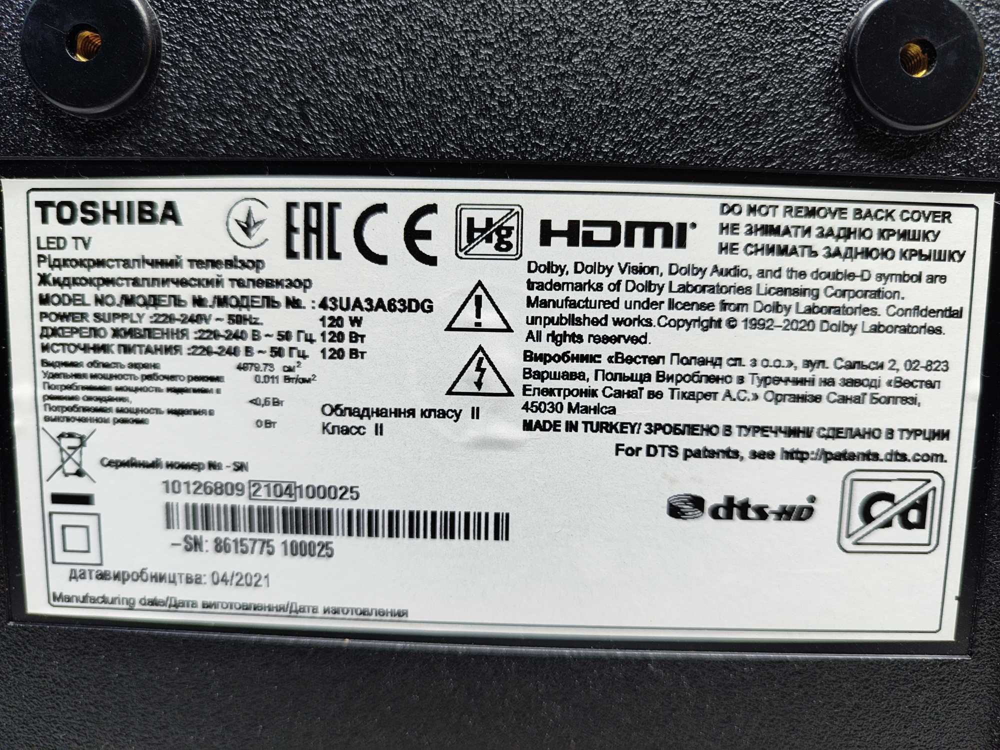 Телевізор Toshiba 43UA3A63DG, 43" 4К VA матриця Direct LED, SmartTV