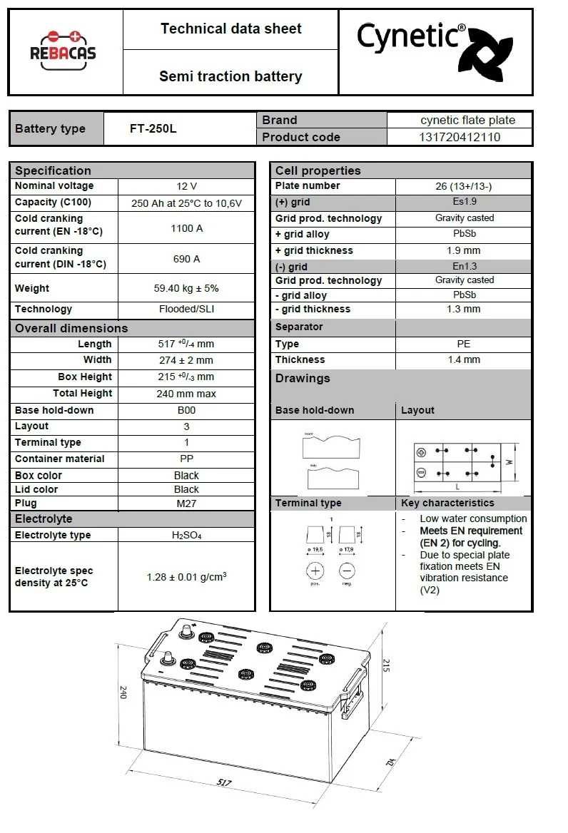 Bateria solar monobloco 12v 250Ah Placa plana Cyneti