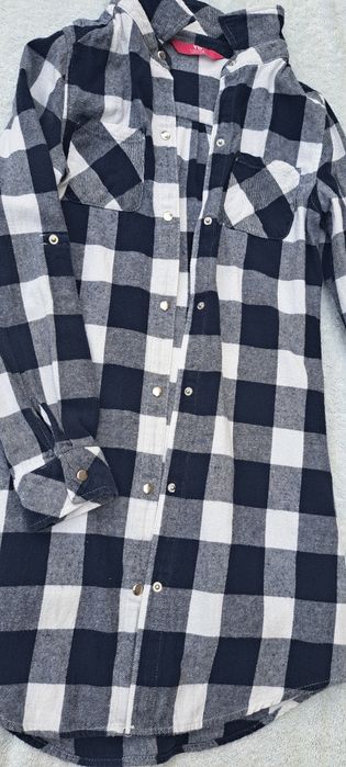 Koszula dziewczęca flanelowa w kratę 140cm biało czarna tunika