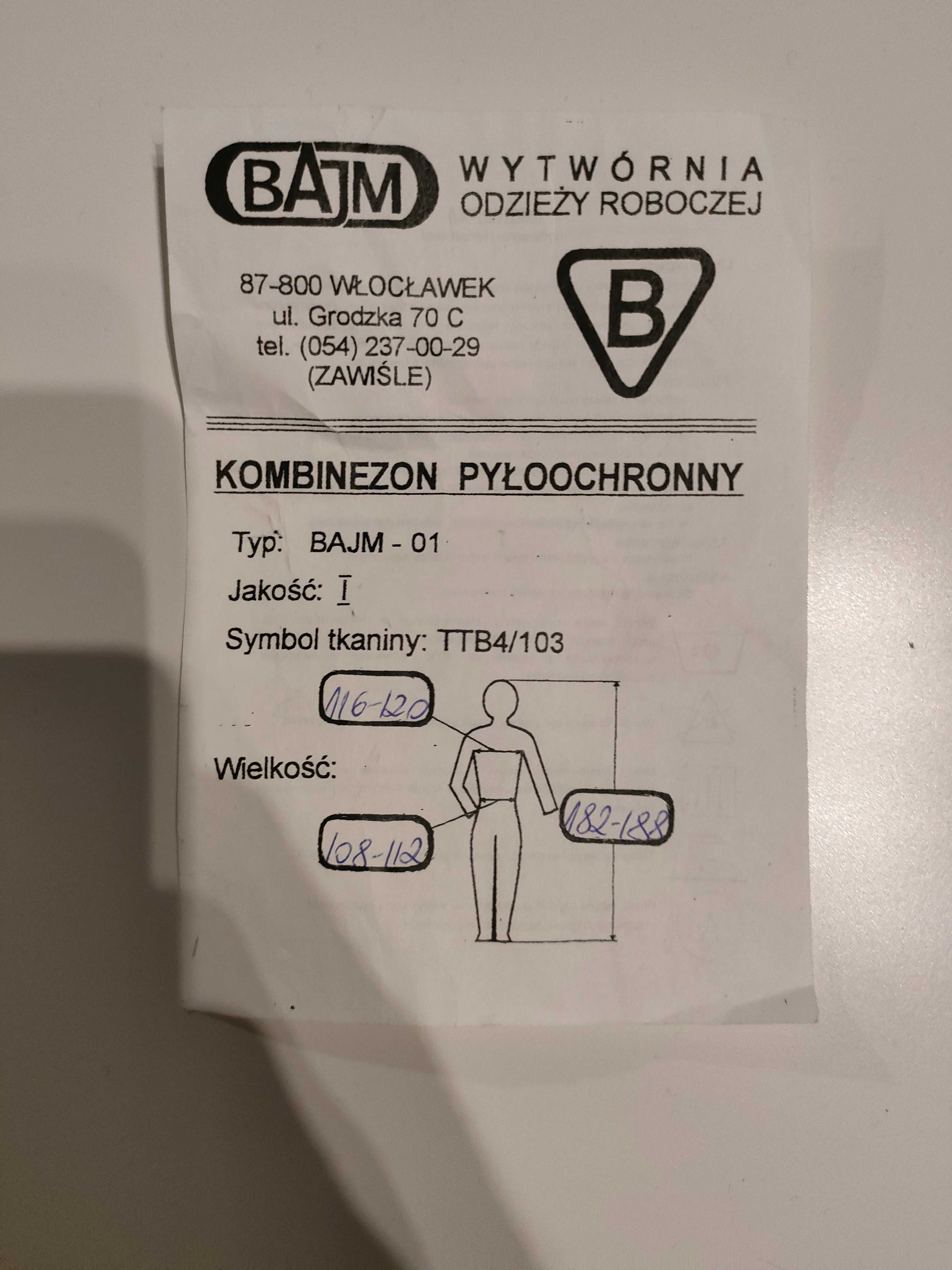 Kombinezon pyłochronny/piaskarski Bajm 01 (182-188 cm)
