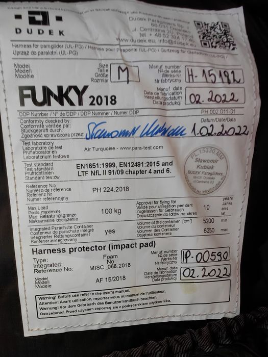 Paragliding seat Funky Dudek new with reserve