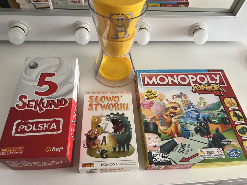 Zestaw gier gry planszowe 5 sekund Monopoly junior  m&m sorter pudelko