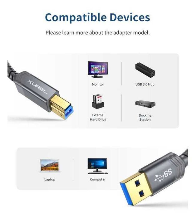 Kabel USB B na USB A JSAUX 2m w oplocie kolor szary