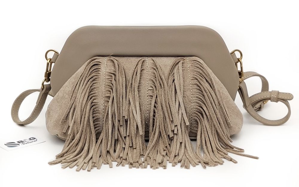 TOREBKA Listonoszka Kopertówka EKO Zamsz Frędzle Taupe 2w1 MODNA