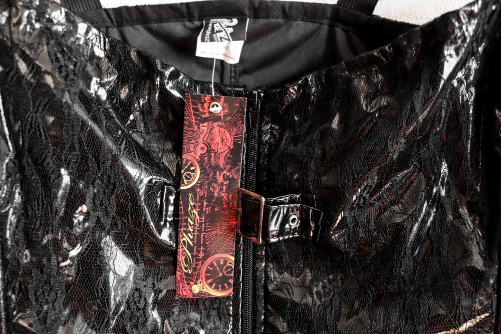 Чорний лакований корсет з мереживом панк рок готика стімпанк phaze 2xl