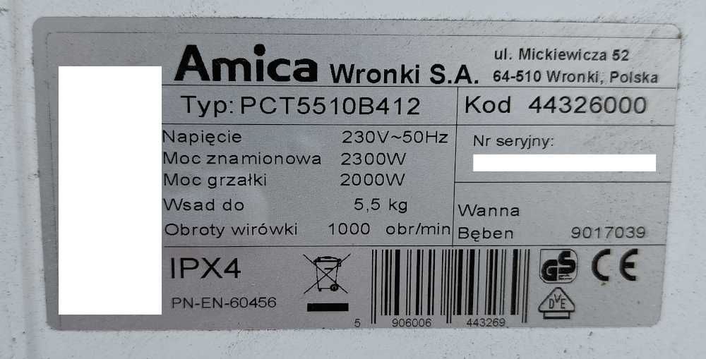 Wnętrzności pralki Amica PCT5510B412