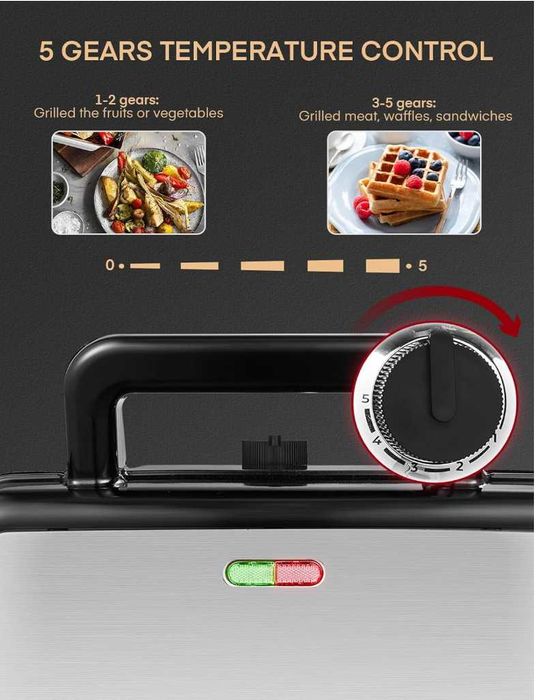 Toster 1200 W opiekacz do kanapek grill gofrownica 3 w 1, 5-biegowa