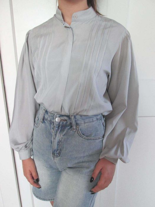 Bluzka vintage szara szerokie rękawy plisy M L 38 40