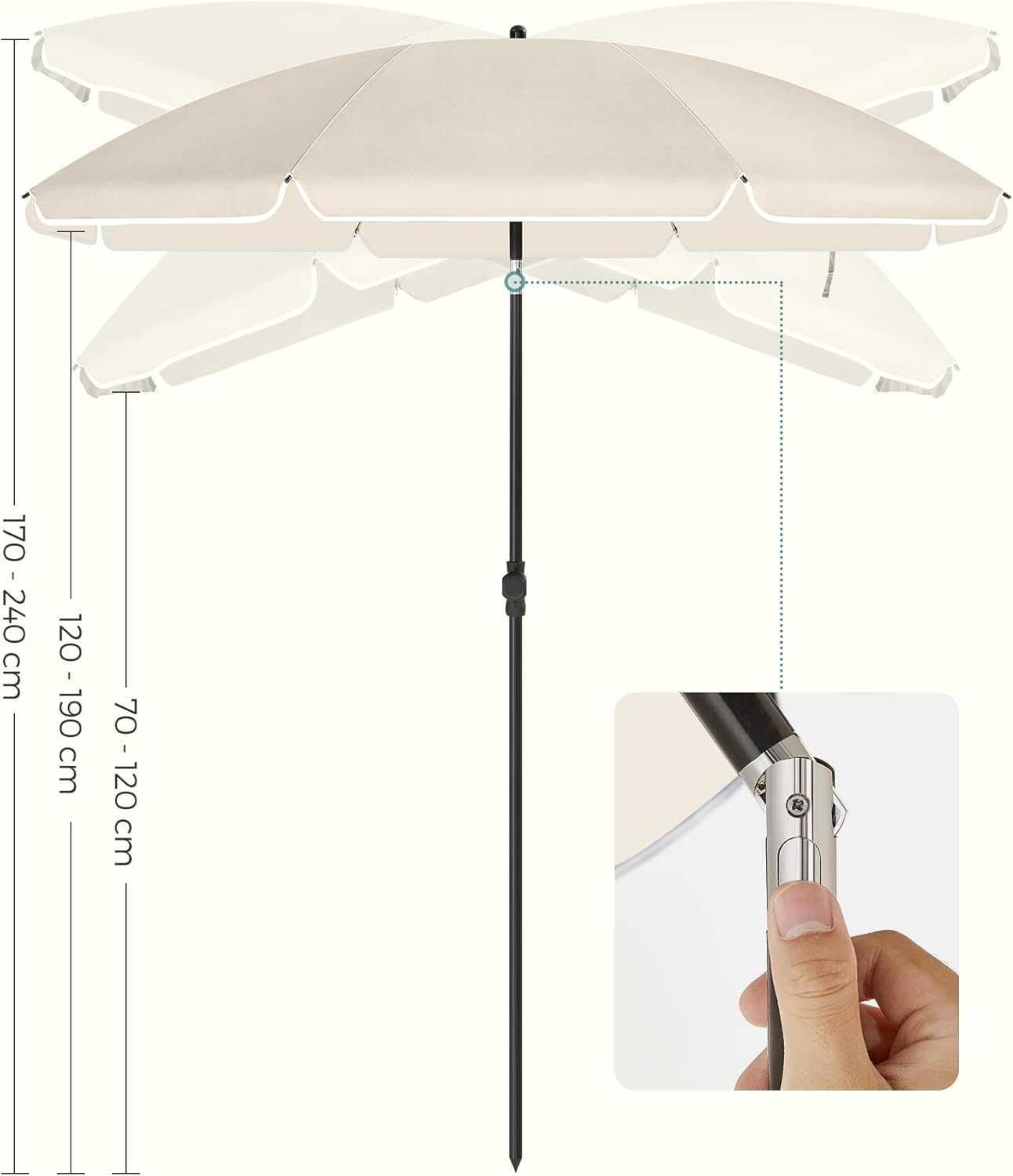 parasol plażowy, Ø 200 cm, ogrodowy, ochrona UV do UPF 50+, składany
