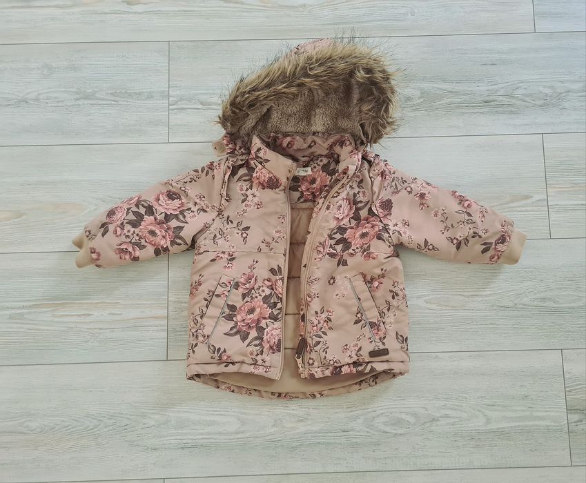 Kurtka zimowa Newbie r 86-92 beż brąz Print kwiaty piwonie futerko