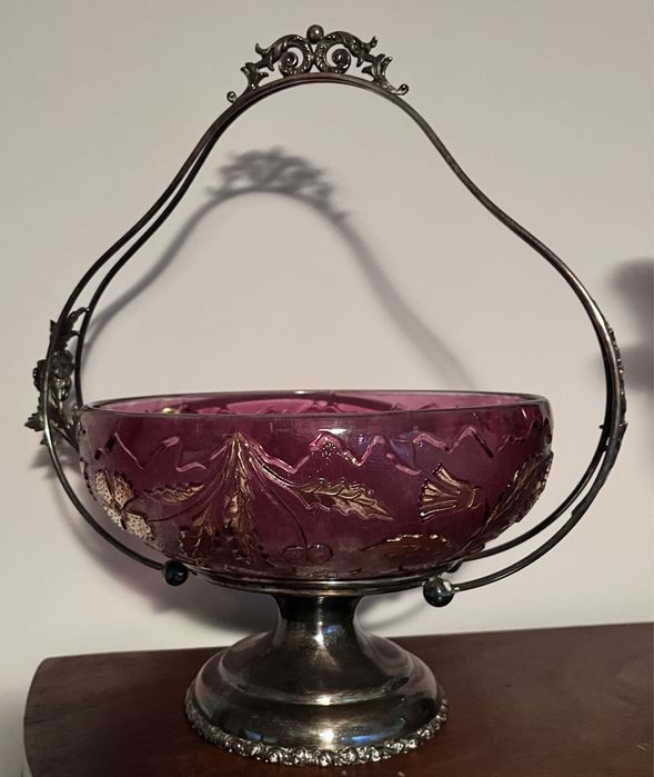 Rarytas posrebrzana patera na nodze ze szkalnym wkładem XIXw. J.Watts