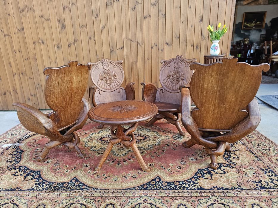 Rzeźbione  fotele 4 szt + stolik orzech orient wypoczynek #1592 Węgrów
