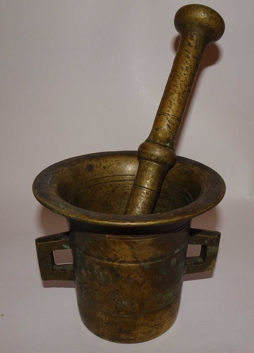Stary, mosiężny moździerz z tłuczkiem, XIX-XX w, antyk, vintage, retro