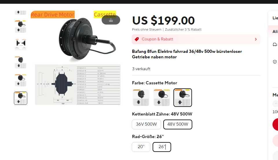 Мотор колесо Bafang 48v 500w редукторное