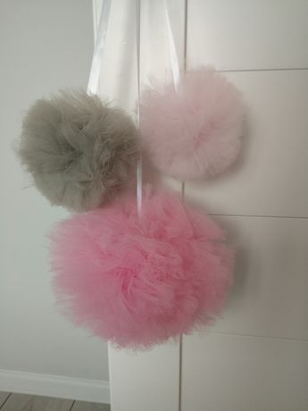 Pompony tiul baby shower różowy 3 szt komplet